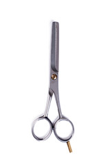 Metal scissors on white background. Hairdressing equipment, top view.