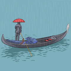 Venetian gondolier in a gondola in the rain.