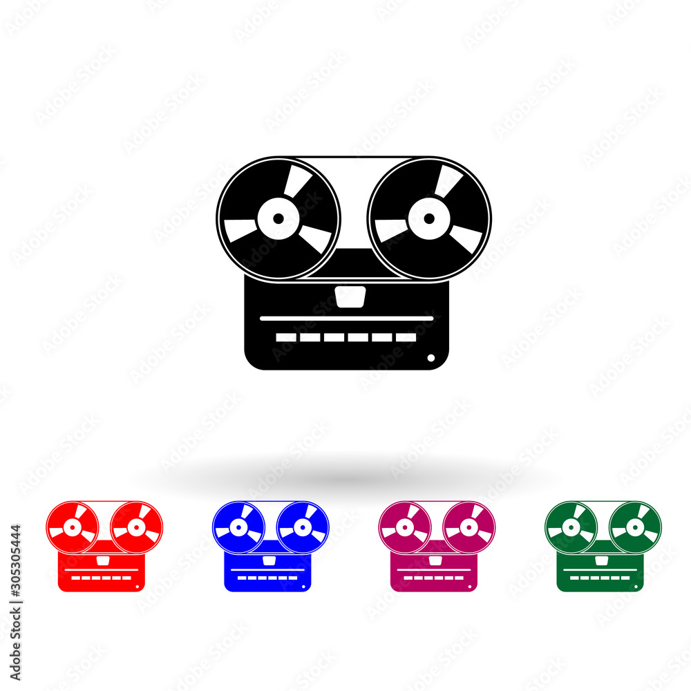 Poster analog stereo open reel tape deck recorder multi color icon. simple glyph, flat vector of music inst