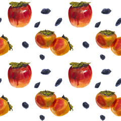 Winter persimmon fruits on a white, watercolor seamless pattern