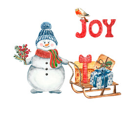 Cheerful Christmas illustration. Watercolor smiling snowman in knitted hat and scarf with wooden snow sledge and holiday gift boxes. Merry Christmas and Happy New Year card on white background.