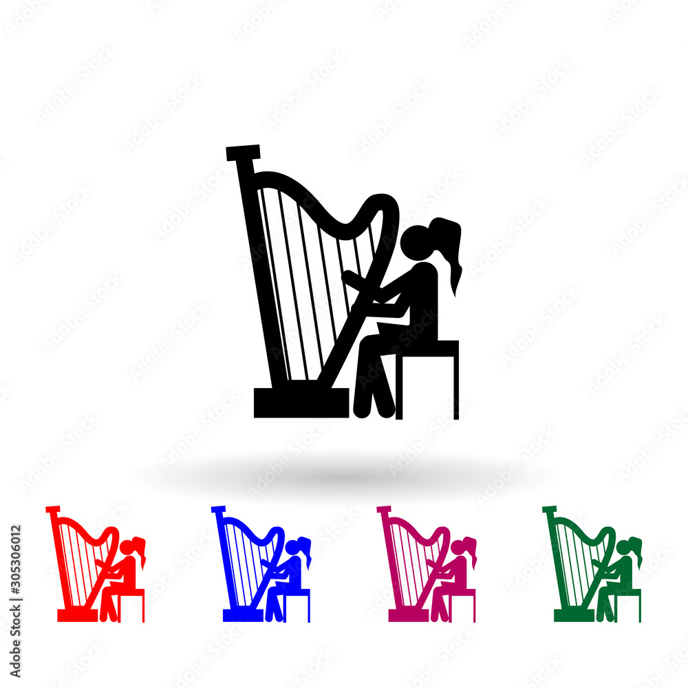 Poster girl playing the harp multi color icon. simple glyph, flat vector of music icons for ui and ux, webs