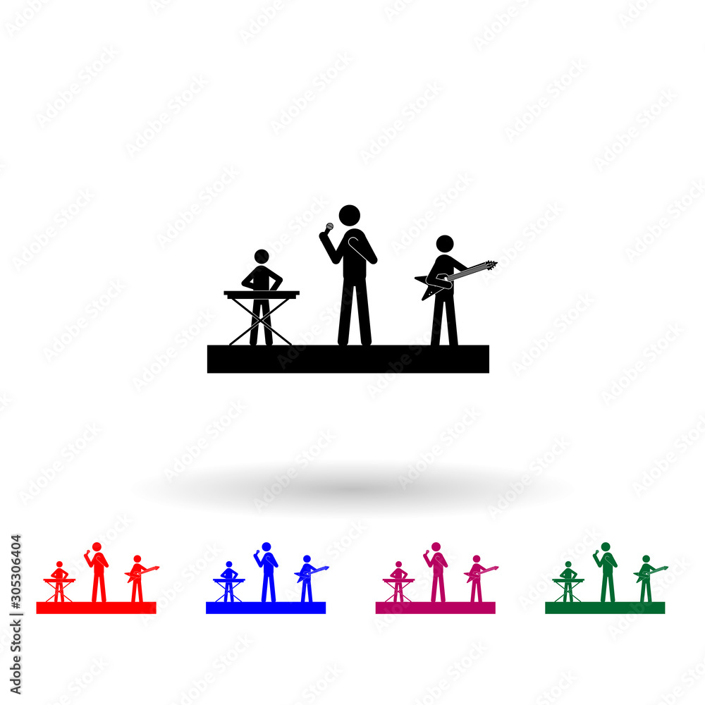 Poster musicians on a scene and play guitars multi color icon. simple glyph, flat vector of music icons for