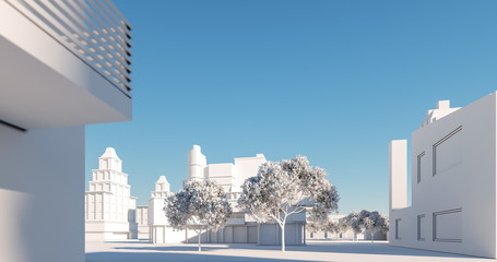 Miniature city model, regular street view. 3D render