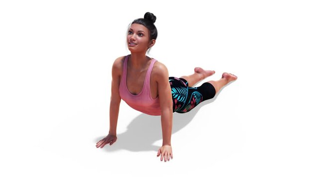 Turning around a Woman in a Yoga Upward Facing Dog Pose with a White Background