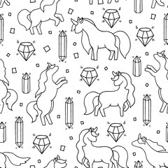 Black and white hand drawn seamless pattern with unicorns and gems.