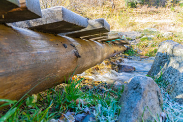 Bridge over the river in the woods. Wooden bridge over forest mountain river. Kazakhstan