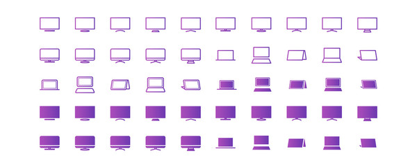 Screen desktop monitor icon collection in outline and solid / glyph style 