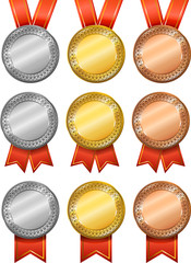 Blank medals set. Gold, silver and bronze award medals with patterned border and red ribbons of different shapes.  Vector illustration.