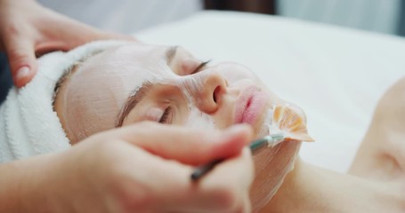 Close up of a professional cosmetologist applies facial clay mask on an young beautiful woman face before ultrasonic cleaning procedure for skin pores and deep moisturizing. - Powered by Adobe