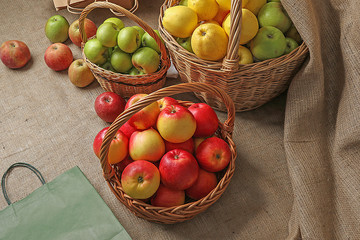 top view of baskets with apples of different varieties, sizes, standing on burlap