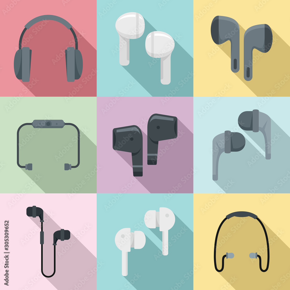 Poster wireless earbuds icons set. flat set of wireless earbuds vector icons for web design