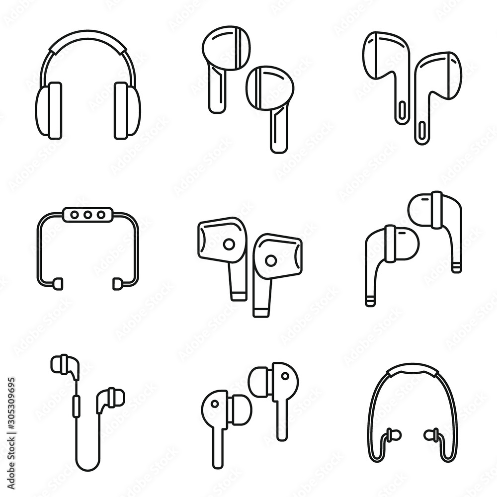 Poster personal wireless earbuds icons set. outline set of personal wireless earbuds vector icons for web d
