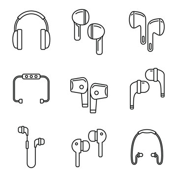 Personal wireless earbuds icons set. Outline set of personal wireless earbuds vector icons for web design isolated on white background