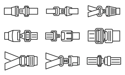 Car seatbelt icons set. Outline set of car seatbelt vector icons for web design isolated on white background