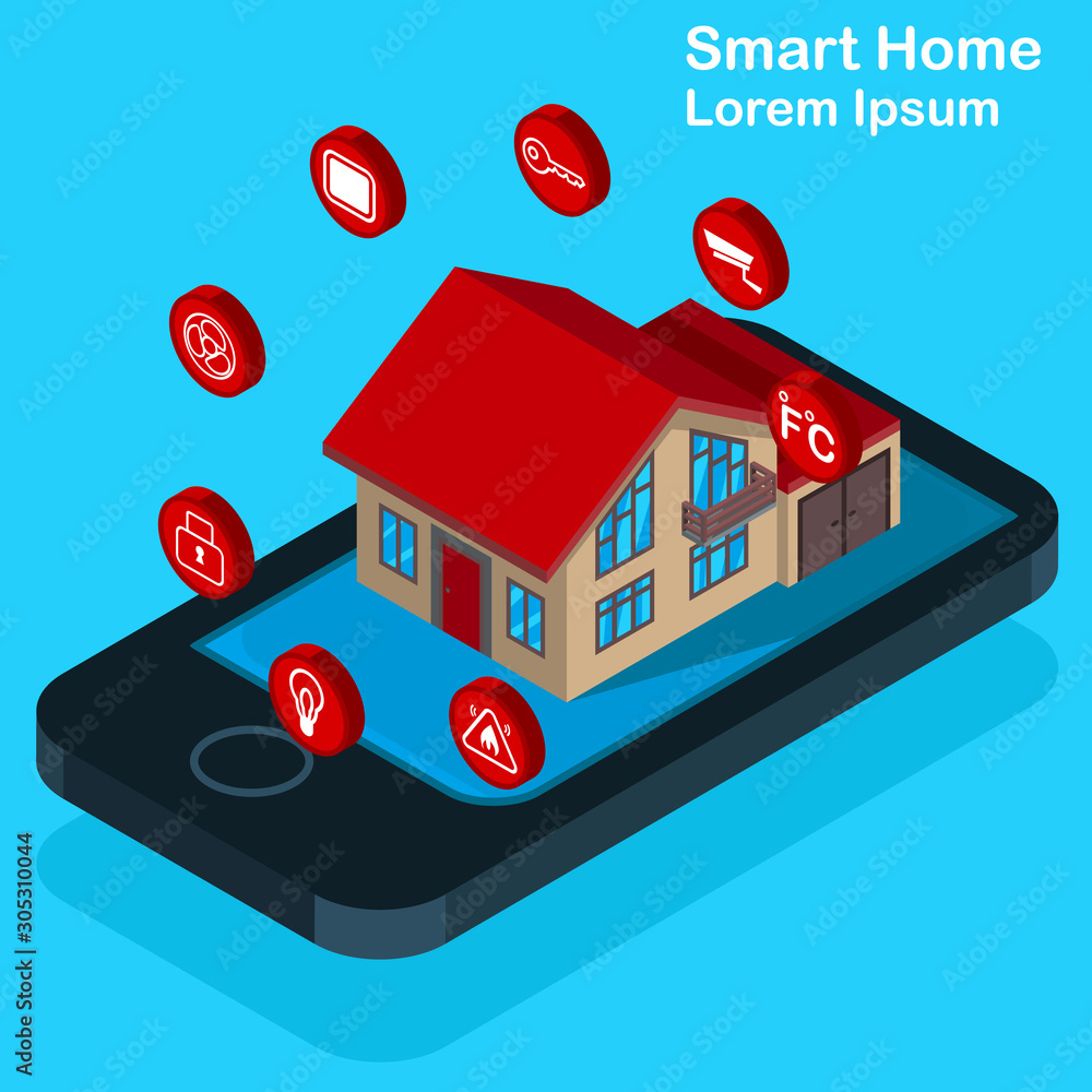 Poster smart home system concept. 3d isometric remote house control system. iot concept.