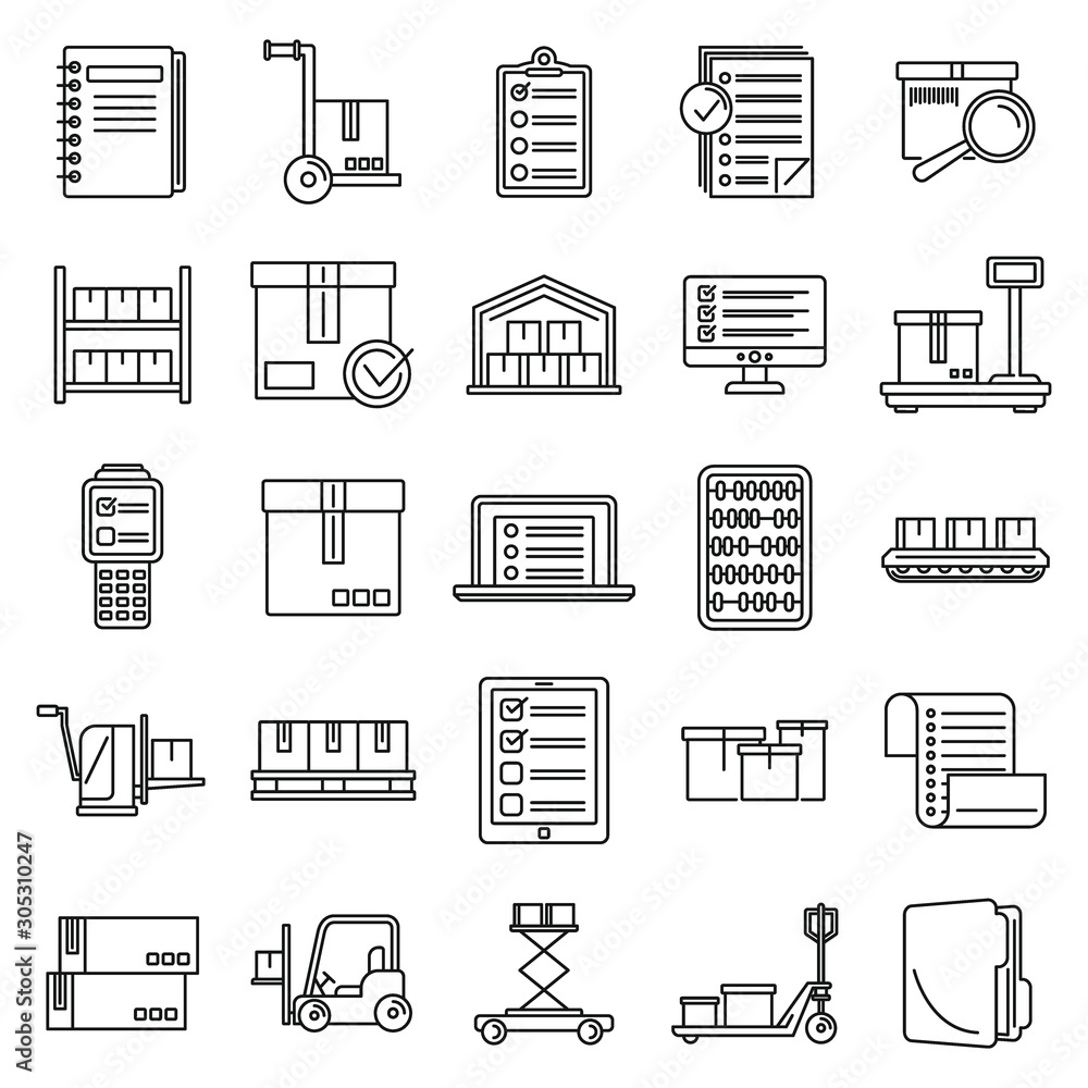 Poster work inventory icons set. outline set of work inventory vector icons for web design isolated on whit