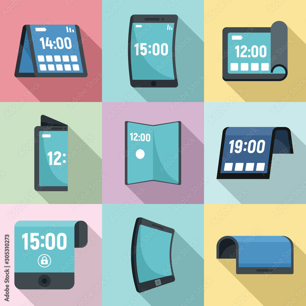 Poster flexible display icons set. flat set of flexible display vector icons for web design