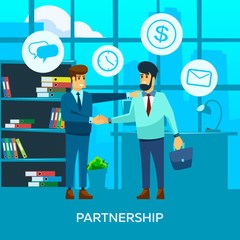 Two businessman office workers characters making business deal and handshake.