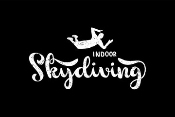 Indoor skydiving hand drawn lettering logo, emblem with flying silhouette of man.