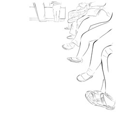 Simple Hand Draw Sketch Feet of queue sitting people at indoor customer service