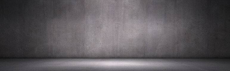 Exposed Concrete Wall Dark Panoramic Background with Floor for Placement and Presentation - 305310867