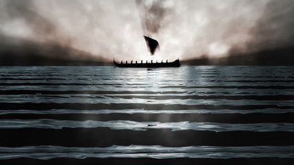 Ancient Greek Ship in Mist - 3D Illustration