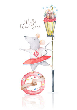 Cute watercolor little mouse dancing and vintage light lamp. Christmas card hand drawn illustration print, fashion print design, baby shower celebration, greeting and invitation card