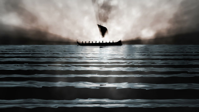 Ancient Greek Ship in Mist - 3D Illustration