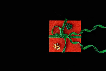 Golden, green and and red bows around box set for gift wrap. Christmas gift, standing geometry....