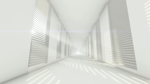 empty white corridor with rectangular walls and bright light