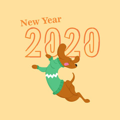 Fototapeta premium Happy New Year 2020. Happy Jumping Puppy Celebrating New Year 2020.