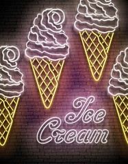 Vintage Glow Poster with Ice Cream Ball in Cone and Inscription