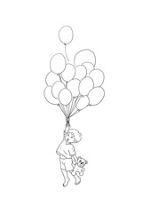 Das sind alles meine Ballons. Ausmalbild Hintergrund weiß Junge hängt mit Teddy an Ballons fliegt durch die Luft entsetzen Freude Mund offen