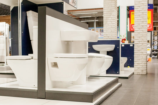 New toilet bowl display in hypermarket of home product and building construction