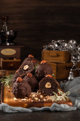 Dark chocolate truffles with hazelnuts