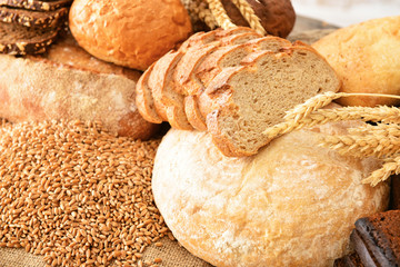 Assortment of fresh bakery products on table