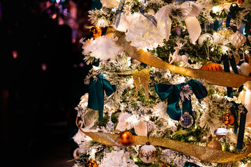 White Christmas Tree With Decorations Ribbons Festive