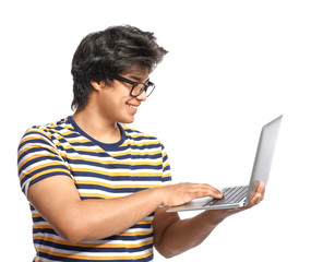 Male Asian programmer with laptop on white background