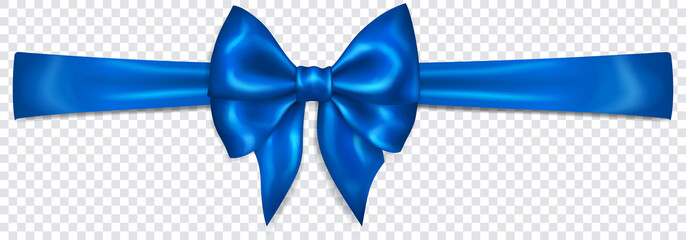 Beautiful blue bow with horizontal ribbon with shadow on transparent background. Transparency only in vector format