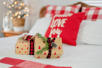Bedroom decorated in red and white for the holidays