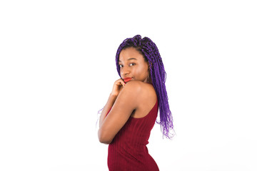 Lovely sexy black model in tight red dress on white isolated background. Template for your advertisement or text. Girl in full growth