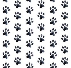 Seamless pattern with black watercolour paws. Creative and funny backdrop for design, textile, cover, wrapping paper, pet store supplies, cat and dog services. Handdrawn water color sketchy drawing.