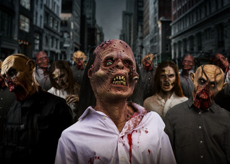 Zombies on night street in downtown, monsters army