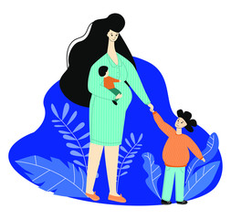 Vector complex flat illustration of pregnant woman and her young children. Concept motherhood, love, family, large children, pregnancy, mother s day. Can be used in web design, postcards, banners, etc