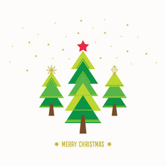 Merry Christmas seasonal card with pine green trees and stars on white background