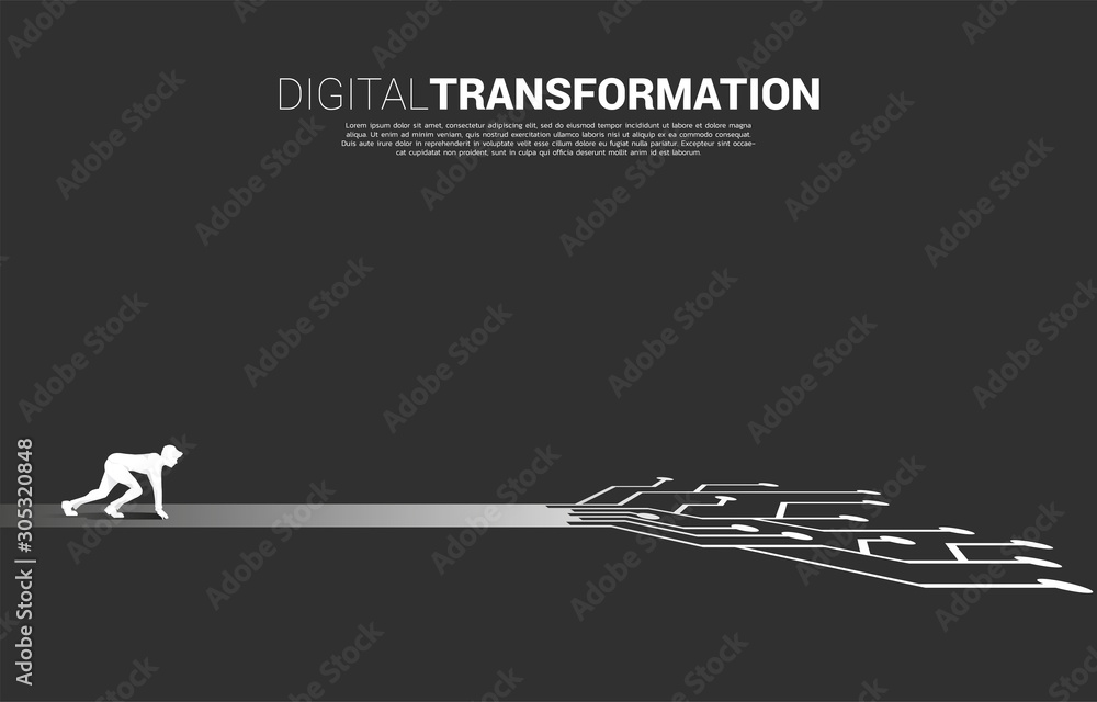Poster silhouette of businessman ready to run on road with dot connect line circuit. concept of digital tra