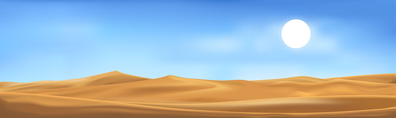 Fototapeta na wymiar Vector illustration of desert panorama landscape with sand dunes on very hot sunny day summer, Minimalist panoramic cartoon nature empty sand and sun with clean sky.