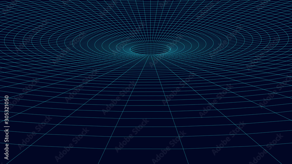 Poster wireframe abstract tunnel. 3d vector wormhole with a mesh structure.