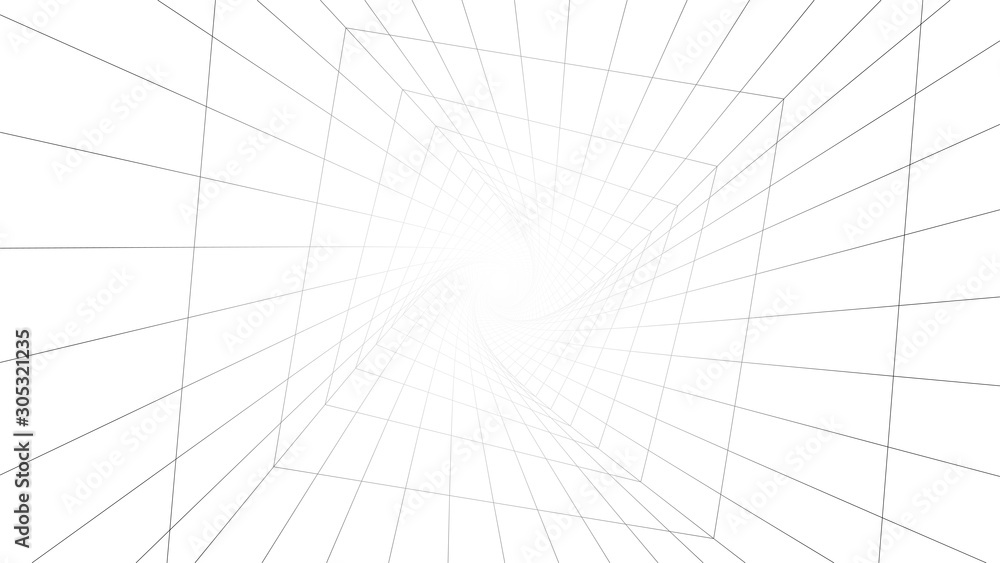 Poster vector perspective grid. vortex. curved abstract tunnel. detailed lines on white background.